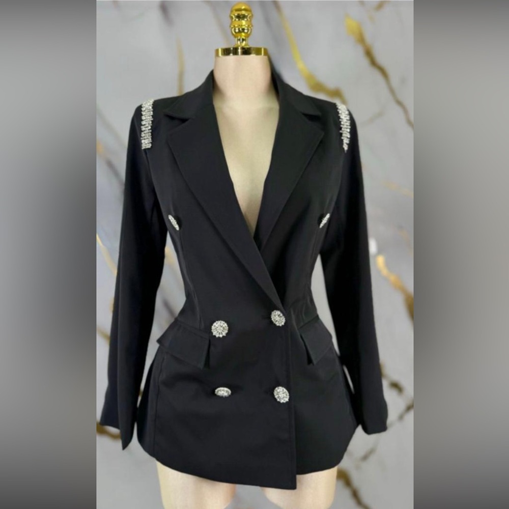 Black Double-Breasted Women's Blazer with Rhinestone Accents